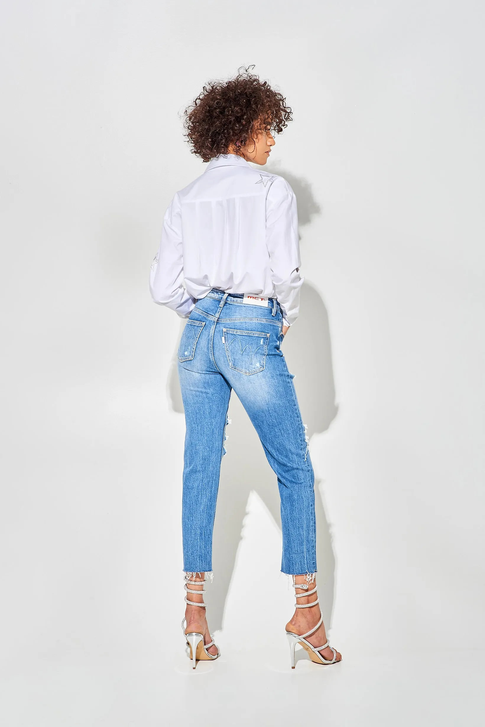 Jeans Mom Fit Blu a Vita Regolare con Strappi